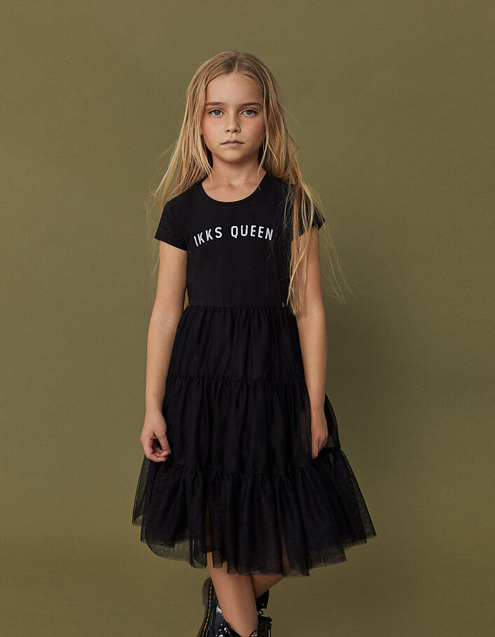 Girls' black mixed fabric dress with tulle skirt - IKKS