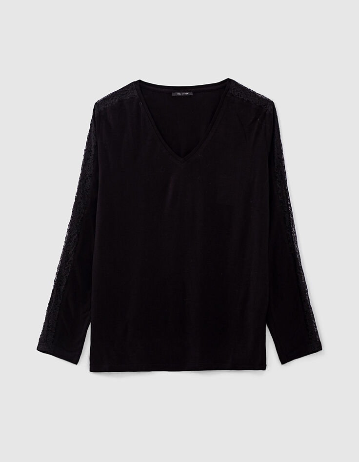 Camiseta manga larga negra pieza encaje manga mujer-1