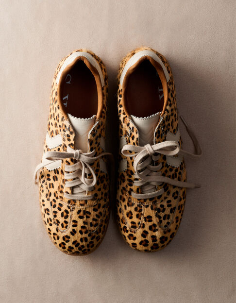 Women’s camel leopard pony-look leather low-top trainers - IKKS