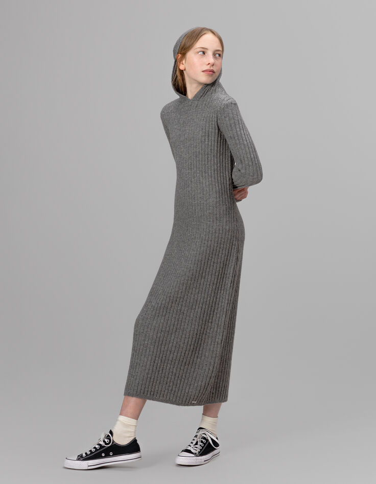 Robe à capuche grise tricot côtelé fille-2 Robe à capuche grise tricot côtelé fille-2