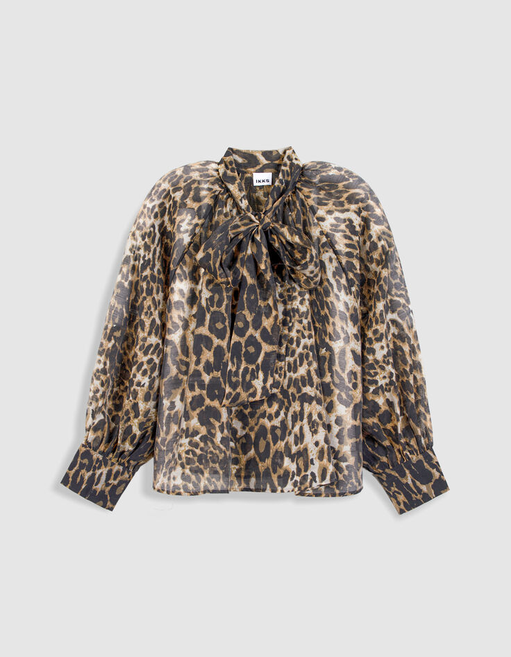 Blouse marron col lavalli&egrave;re motif l&eacute;opard Femme-6