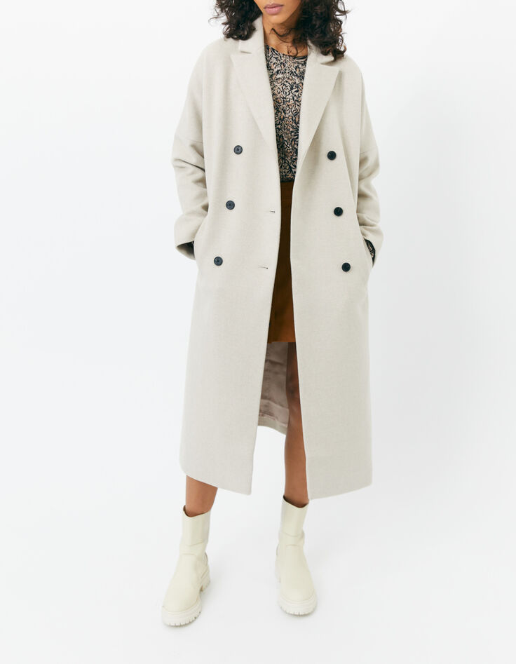 Manteau long blanc en drap de laine recyclé mélangé femme-1