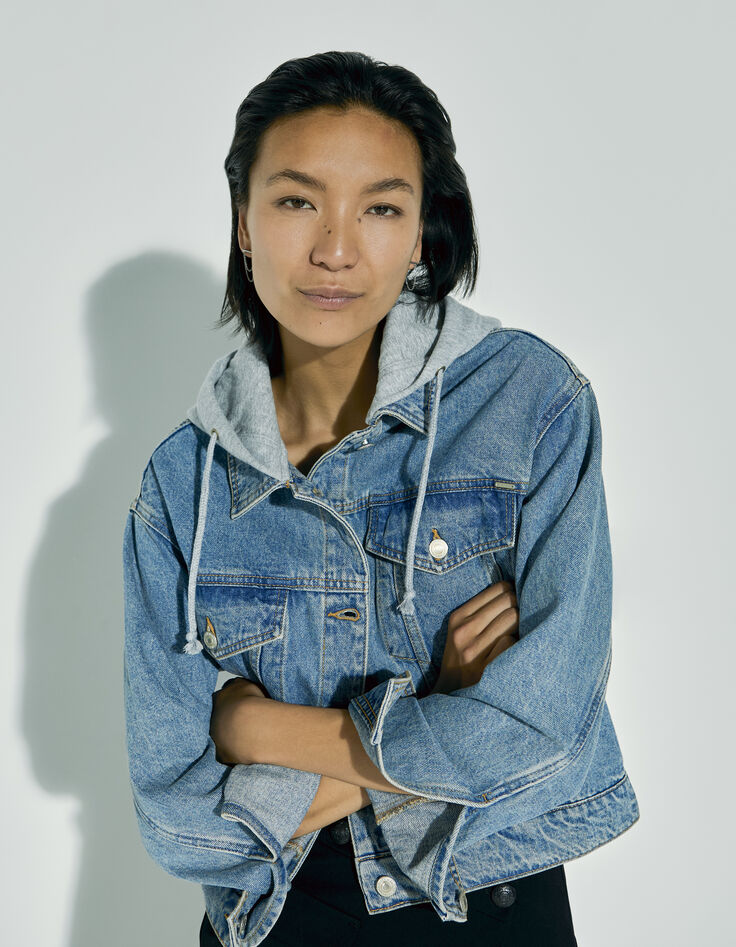 Blouson court en denim loose à capuche femme-1