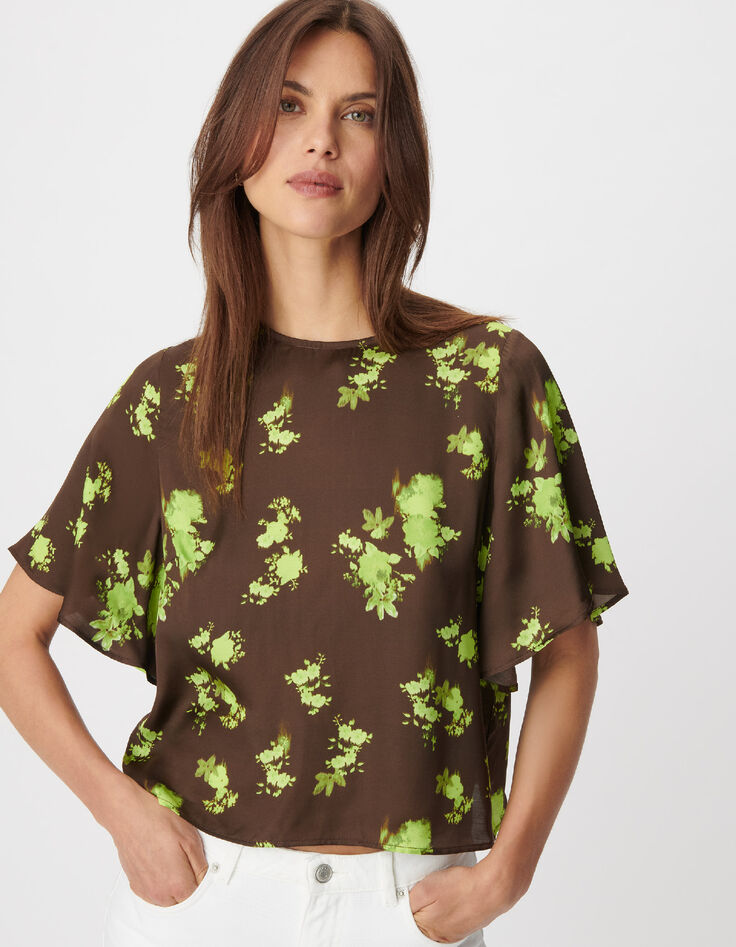 Top fluide marron imprim&eacute; tachiste flou Femme-3
