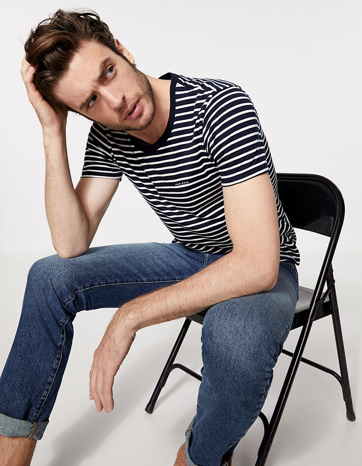 Tee-shirt marinière marine rayé blanc Homme-2