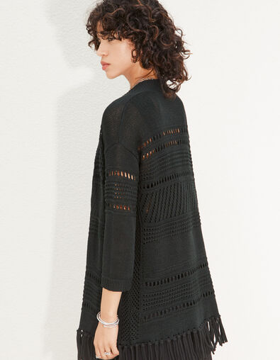 Schwarze gepunktete Damen-Strickjacke mit Fransen - IKKS
