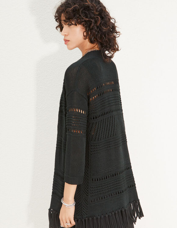Cardigan noir en maile jeux de points et franges femme