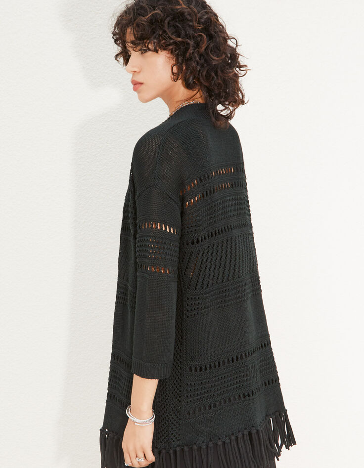 Schwarze gepunktete Damen-Strickjacke mit Fransen-1