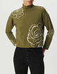 Gr&uuml;ner Damenstrickpulli, Rosenjacquard-2