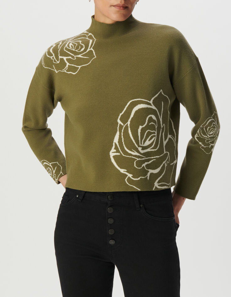 Gr&uuml;ner Damenstrickpulli, Rosenjacquard-2