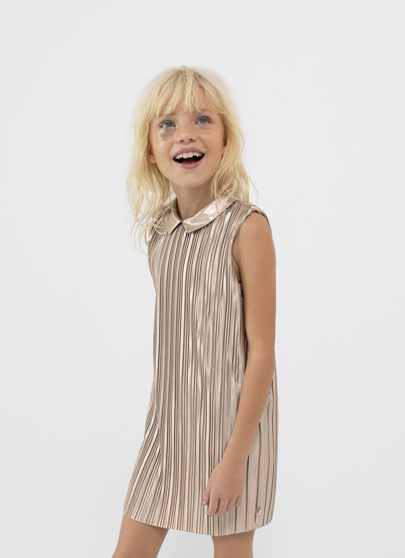 Girls’ gold recycled pleated sleeveless dress