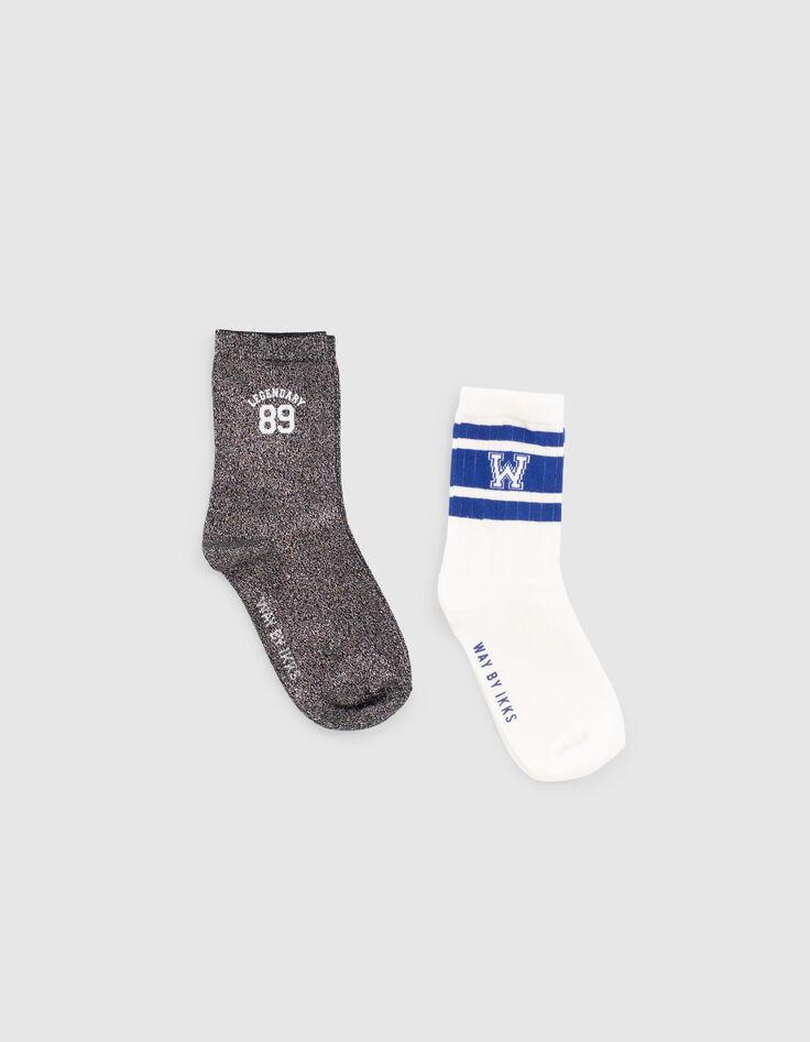 Chaussettes blanc cassé rayé bleu et noir argent fille -1