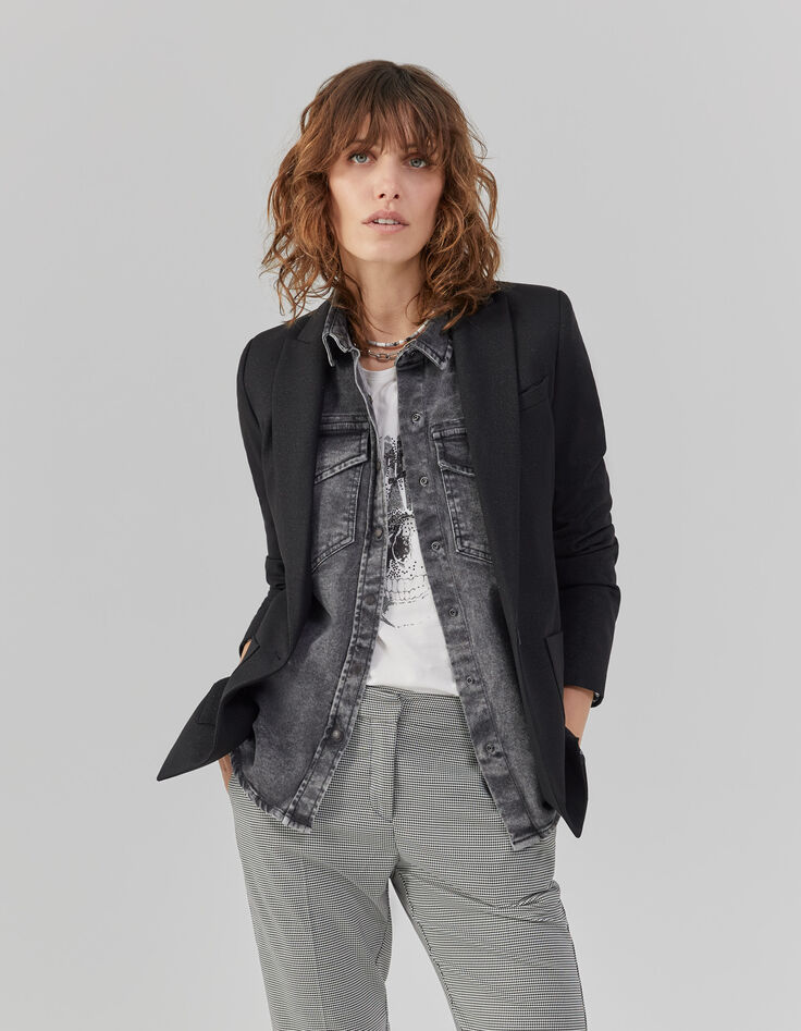 Veste tailleur longue coloris noir tissu métallisé femme-1
