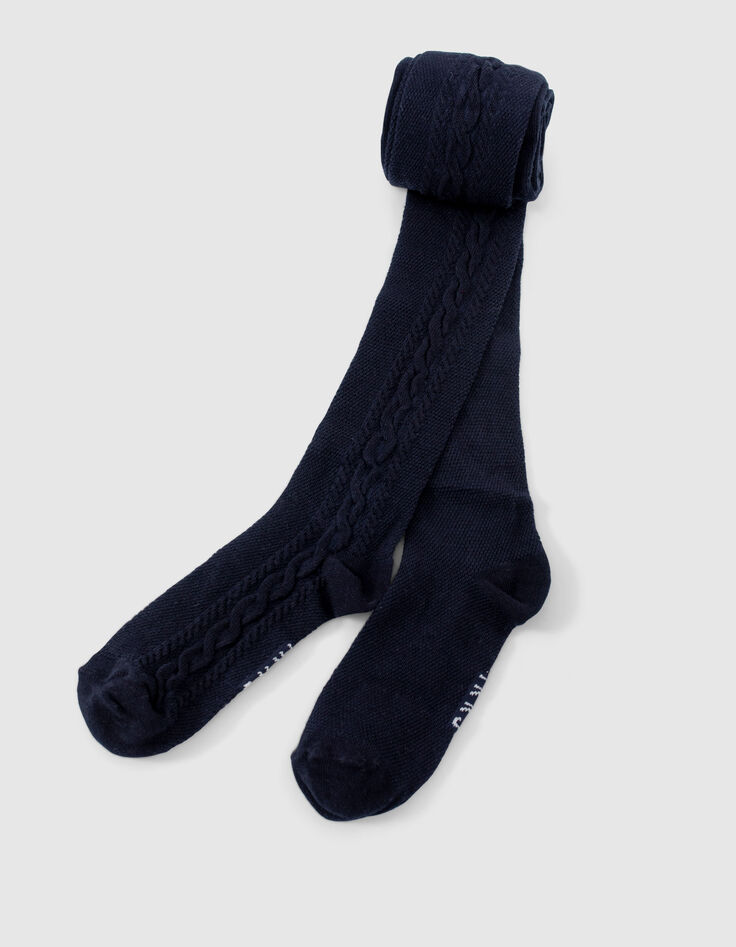 Girls’ navy knit tights with cable knit down legs-4