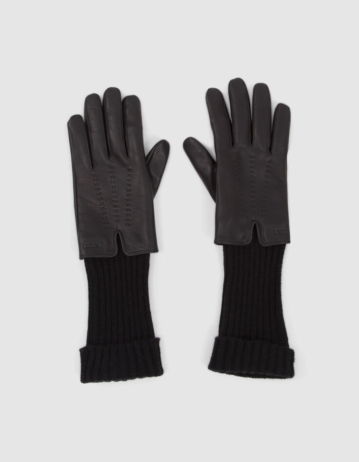 Guantes negros bimaterial piel y punto mujer-1