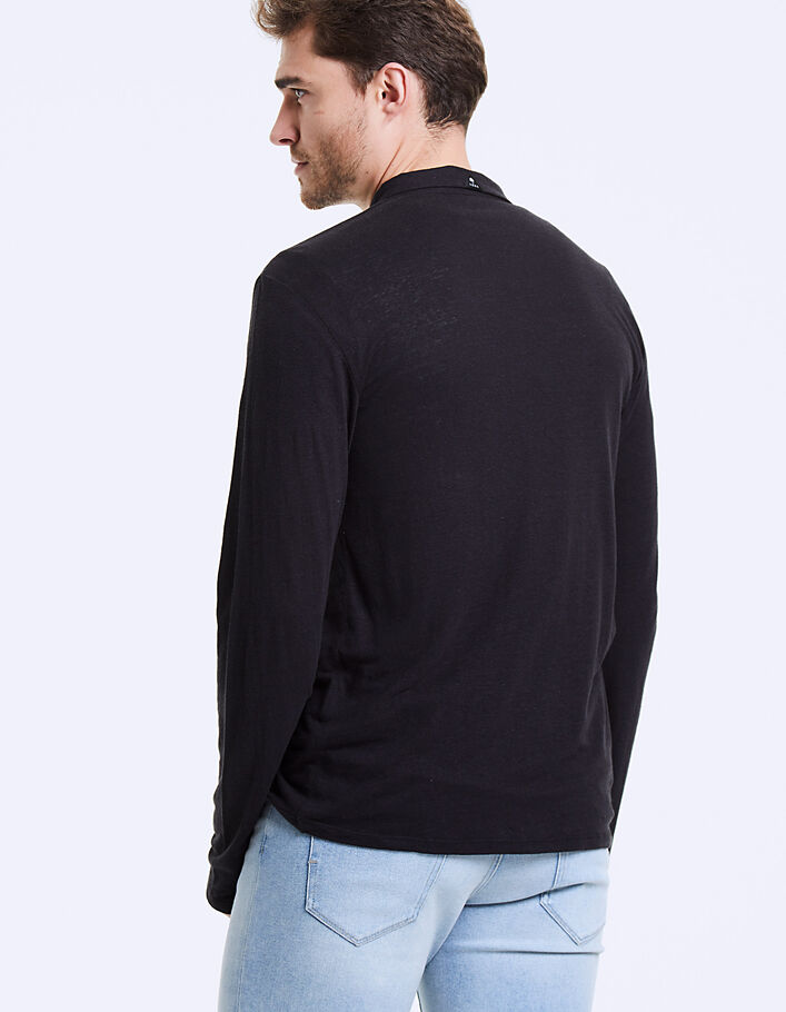 Men's black mixed linen long-sleeved polo shirt - IKKS