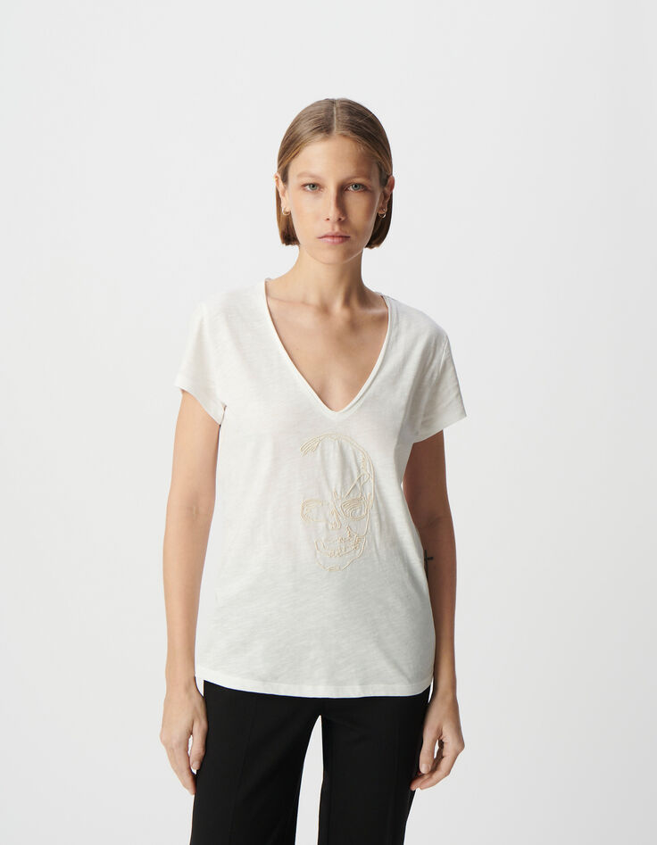 Tee-shirt col V blanc coton bio broderie tête de mort Femme-2