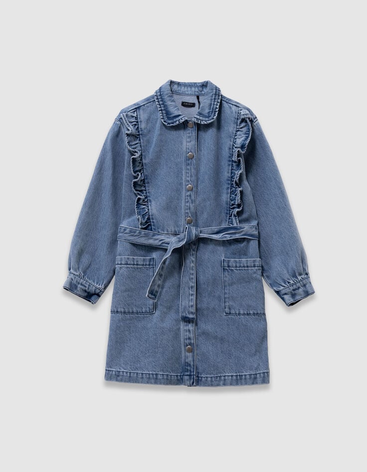 Robe en jean bleu ceinturée détails volants fille-1 Robe en jean bleu ceinturée détails volants fille-1