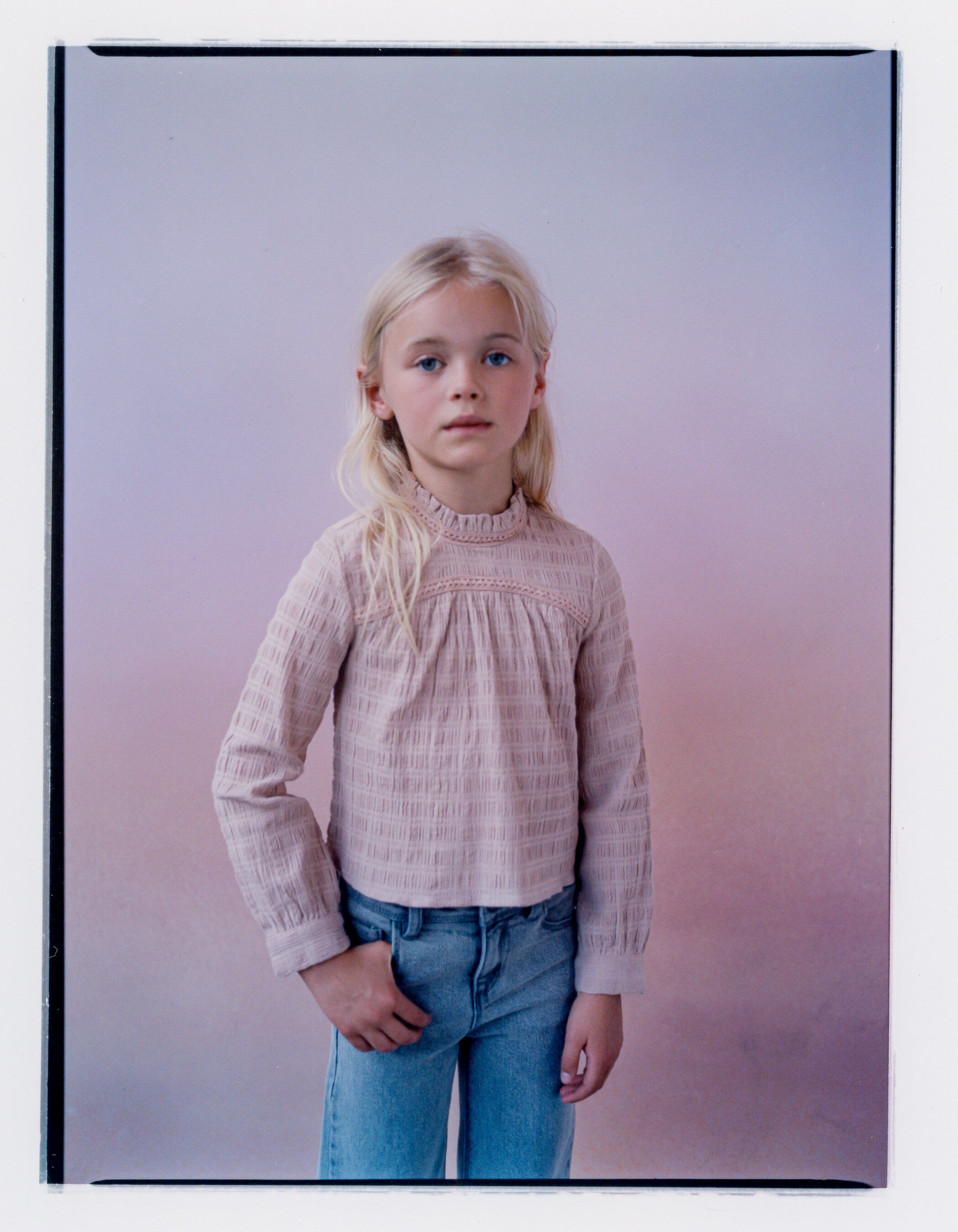 Girls pink waffle blouse with tulle collar