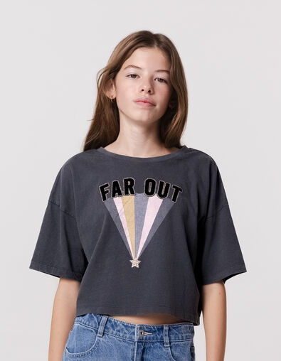 Grijs T-shirt biokatoen geflockte tekst en strepen meisjes - IKKS