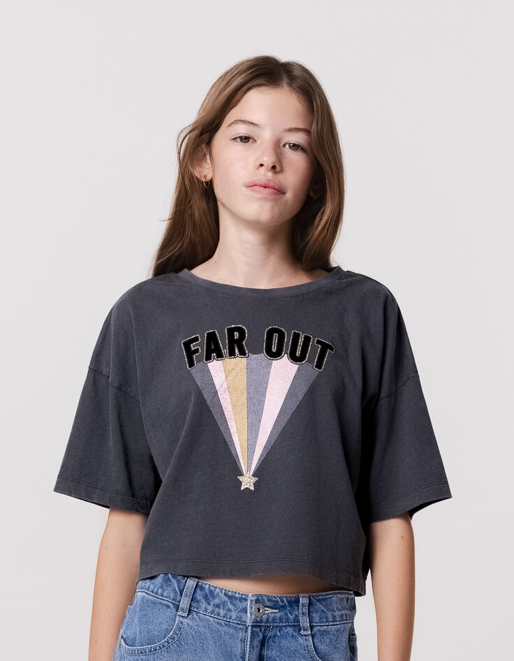 Grijs T-shirt biokatoen geflockte tekst en strepen meisjes-1