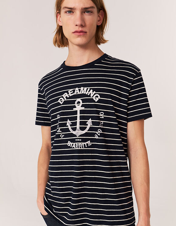 Men’s white-striped navy linen blend T-shirt with anchor