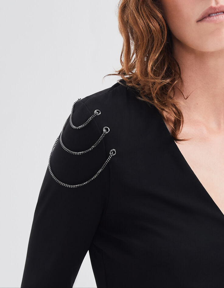 Blouse noire recyclée détails chaînes épaules Femme-4
