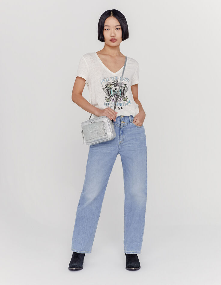 Tee-shirt écru en lin col V visuel message cœur ailé femme-5