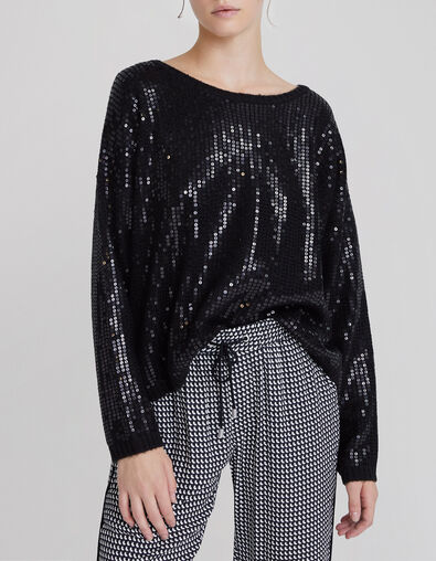 Women’s black knit oversize sweater, embroidered sequins - IKKS