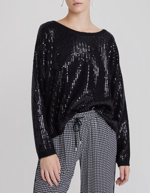 Women’s black knit oversize sweater, embroidered sequins - IKKS