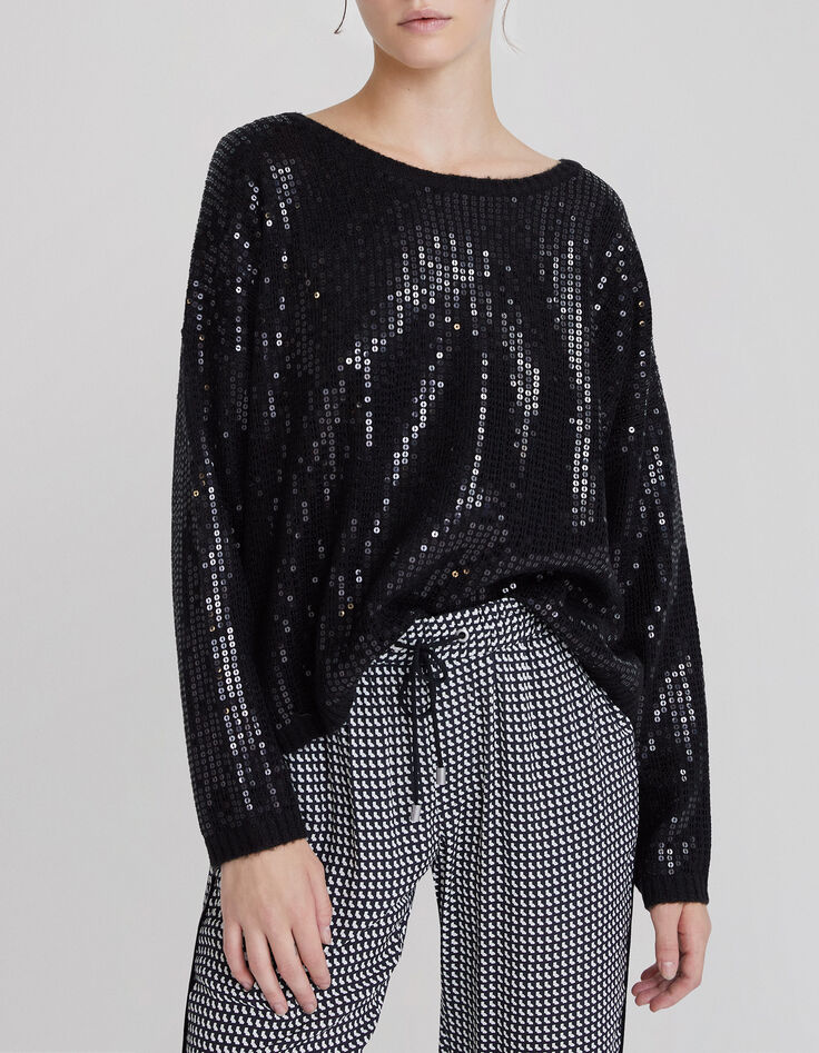 Women’s black knit oversize sweater, embroidered sequins-1