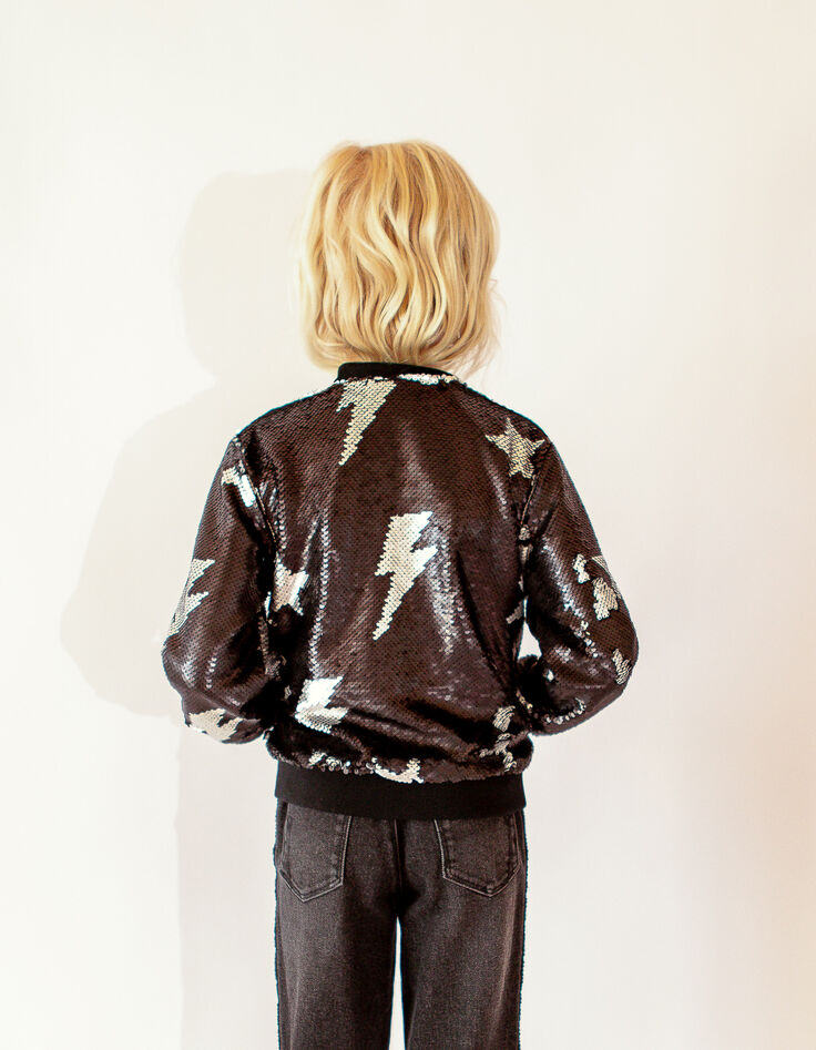Girls’ black bomber jacket with reversible sequins-3