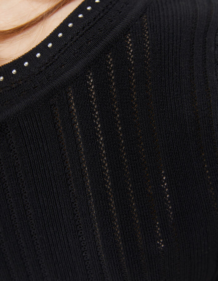Pull noir tricot avec jeu de côtes et décor clous Femme - IKKS