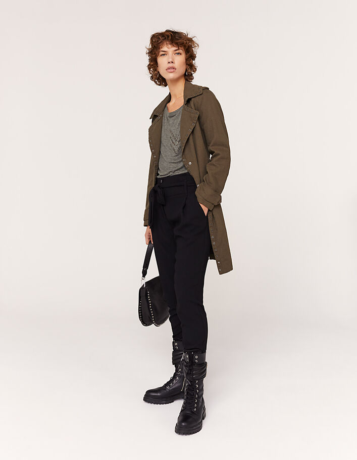 Langer, khaki Damentrenchcoat aus Leinen mit Ösen-6