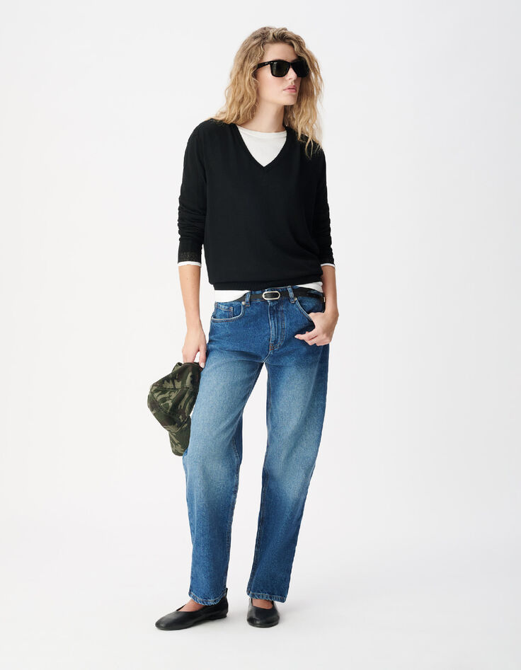 Pull encolure V noir 100% laine Femme-2