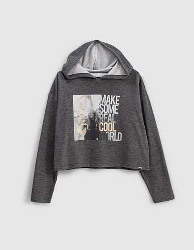 Tee-shirt gris chiné à capuche visuel noir et blanc fille - IKKS