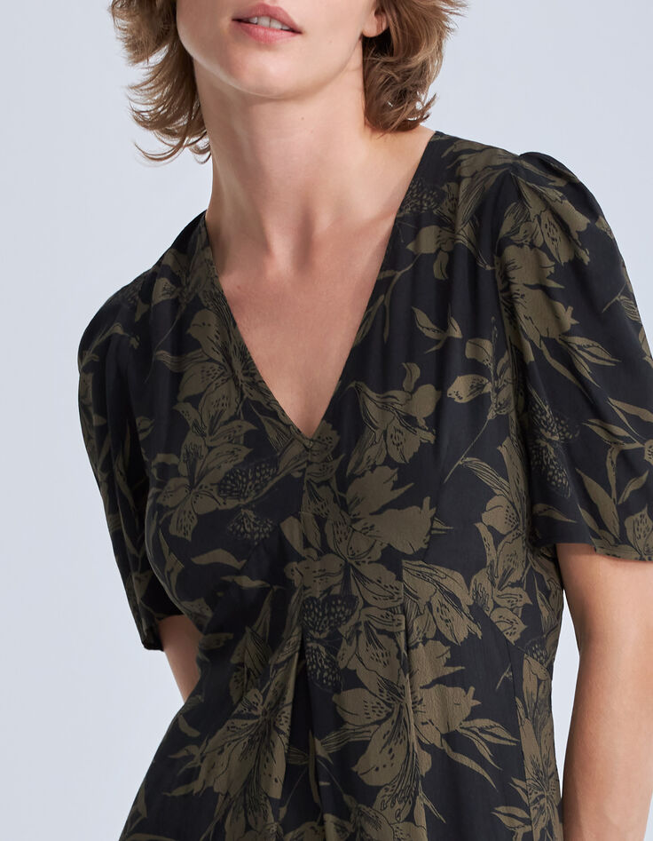 Lange zwarte jurk lelieprint Dames-1