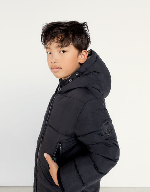 Boys’ black and mocha reversible long padded jacket