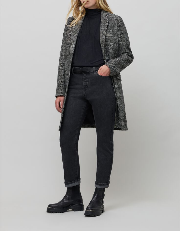 Jean droit noir délavé taille haute décor clous Femme-2 Jean droit noir délavé taille haute décor clous Femme-2