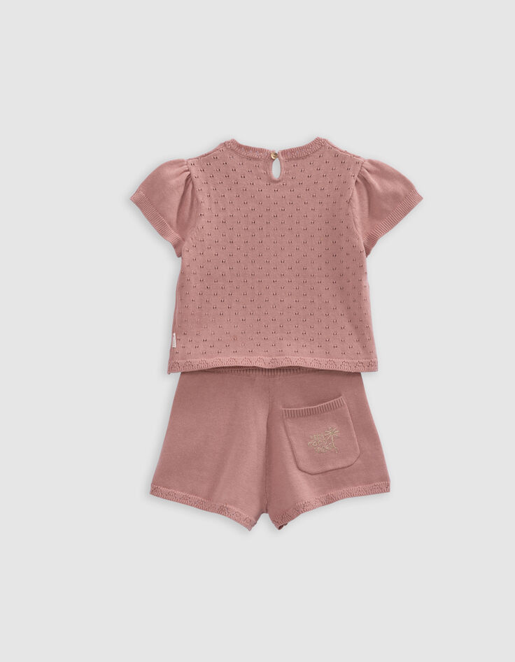 Pink openwork baby girl shorts and T-shirt set-3