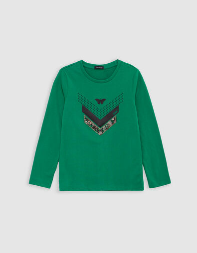 Multi-Material-T-Shirt Grün Mädchen mit Fischgrätenmuster - IKKS