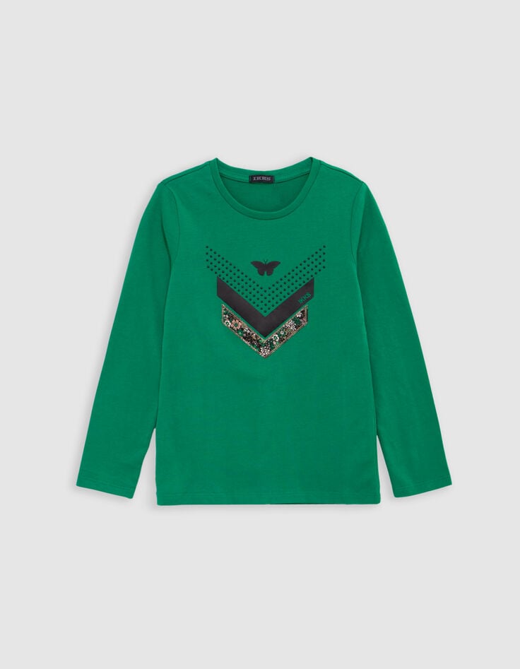 Multi-Material-T-Shirt Grün Mädchen mit Fischgrätenmuster-1