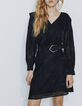 Vestido corto terciopelo cebra negro pliegues hombro mujer-1