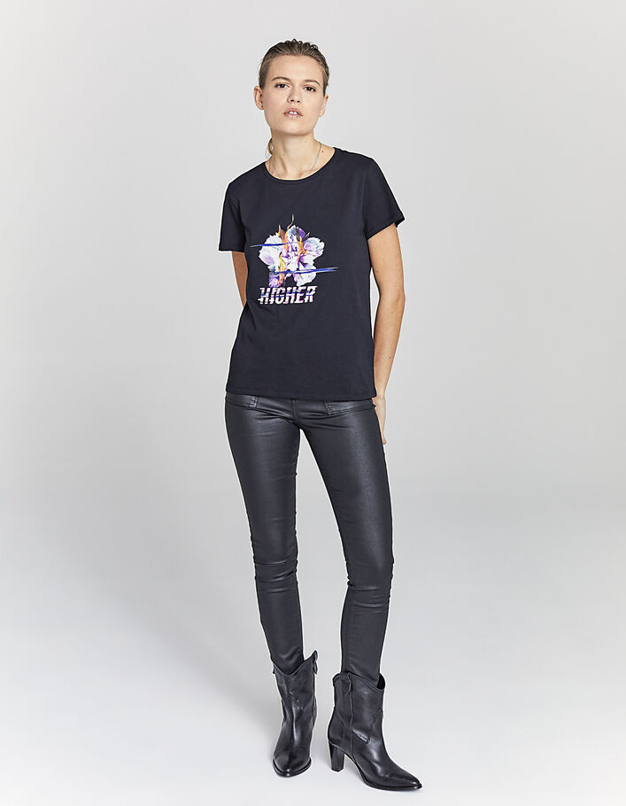 Tee-shirt en coton bio noir visuel rock floral femme-6