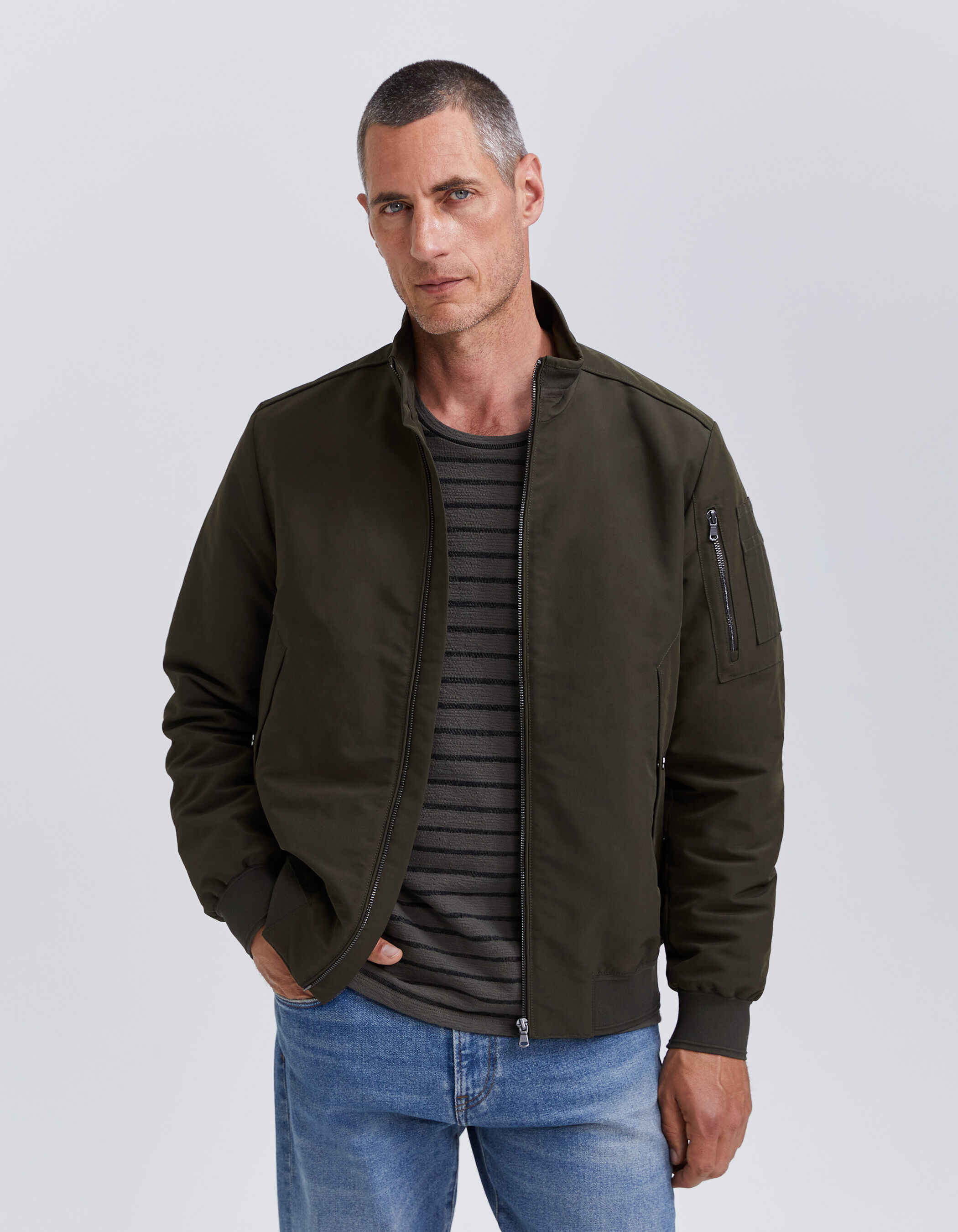 Men s khaki bomber jacket with Sherpa lined collar