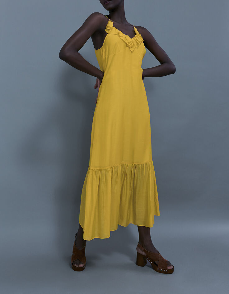 Langes gelbes Damenkleid mit schmalen Trägern und Volant-6