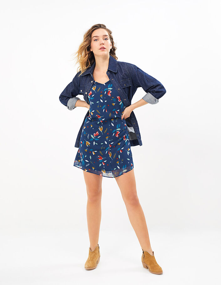 Marineblaues Kleid mit Rüschen und Tulpenprint I.Code - IKKS