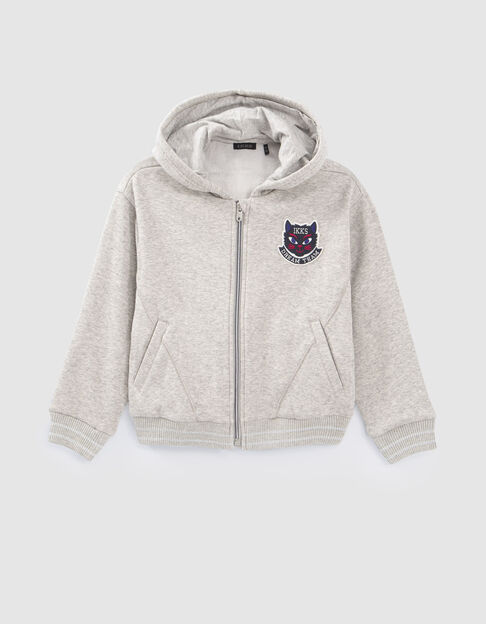 Graue Mädchen-Strickjacke, Zip, Kapuze und Katzen-Badge