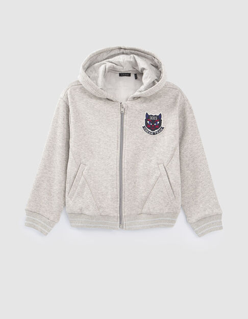 Girls’ grey zipped hooded cardigan with cat badge
