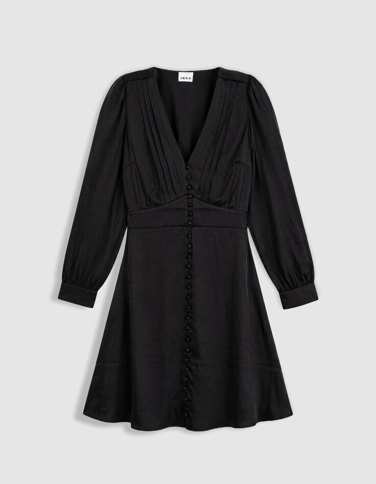 Women's short black satin dress with small buttons-5